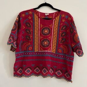 Anthropologie Red Embellished Boxy 3/4 Sleeve Blouse